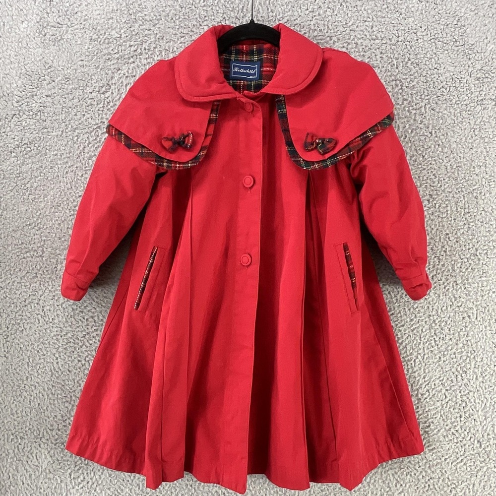 Rothschild Coat Girls 6 Red Plaid Trim‎ Bow Cape Long Dressy Winter Holiday
